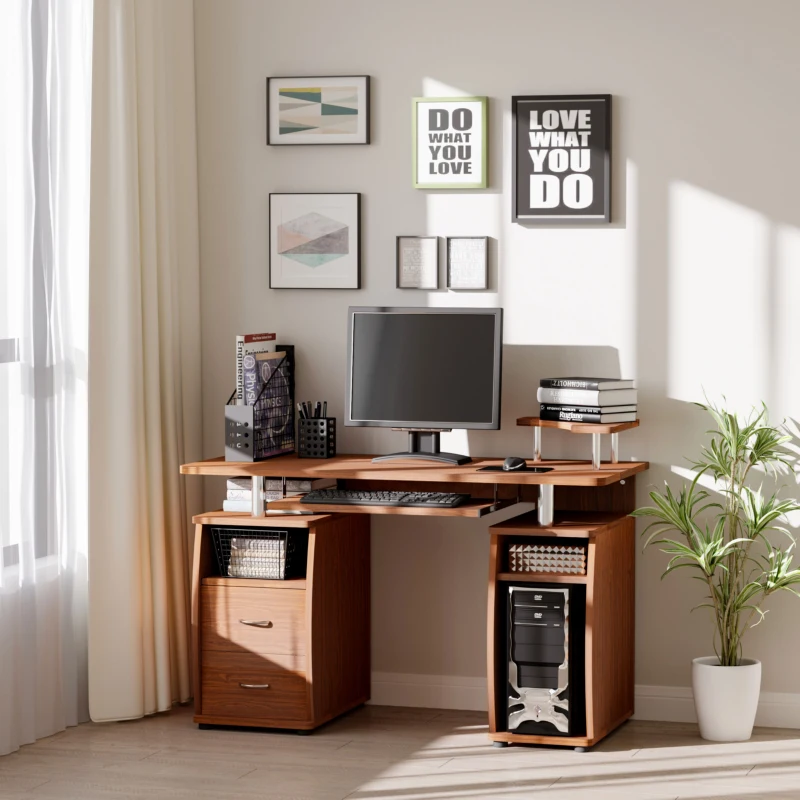HOMCOM Multi-Function Computer Desk Home Office Workstation with Sliding Keyboard Tray, Elevated Shelf, Drawers and CPU Stand, Brown