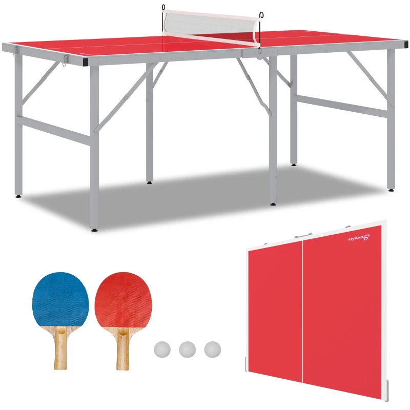 Soozier Portable Ping Pong Table Set, Foldable Table Tennis Table with Net, 2 Paddles, 3 Balls for Outdoor Indoor, Red
