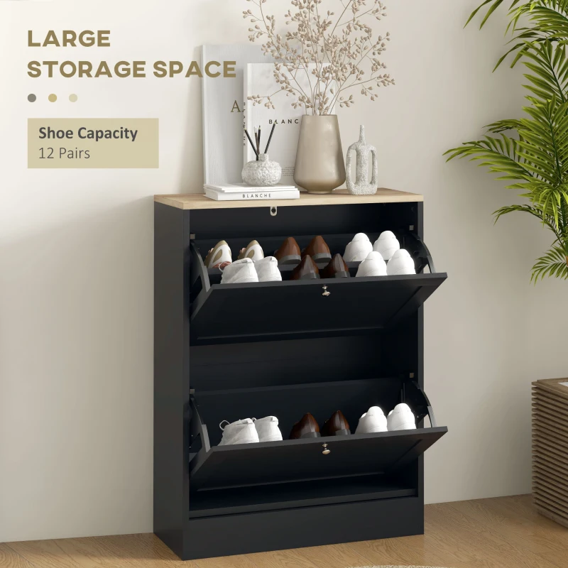 HOMCOM Slim Shoe Storage Cabinet, Modern Shoe Cabinet with 2 Flip Drawers and Adjustable Shelves for 8-12 Pairs, Black