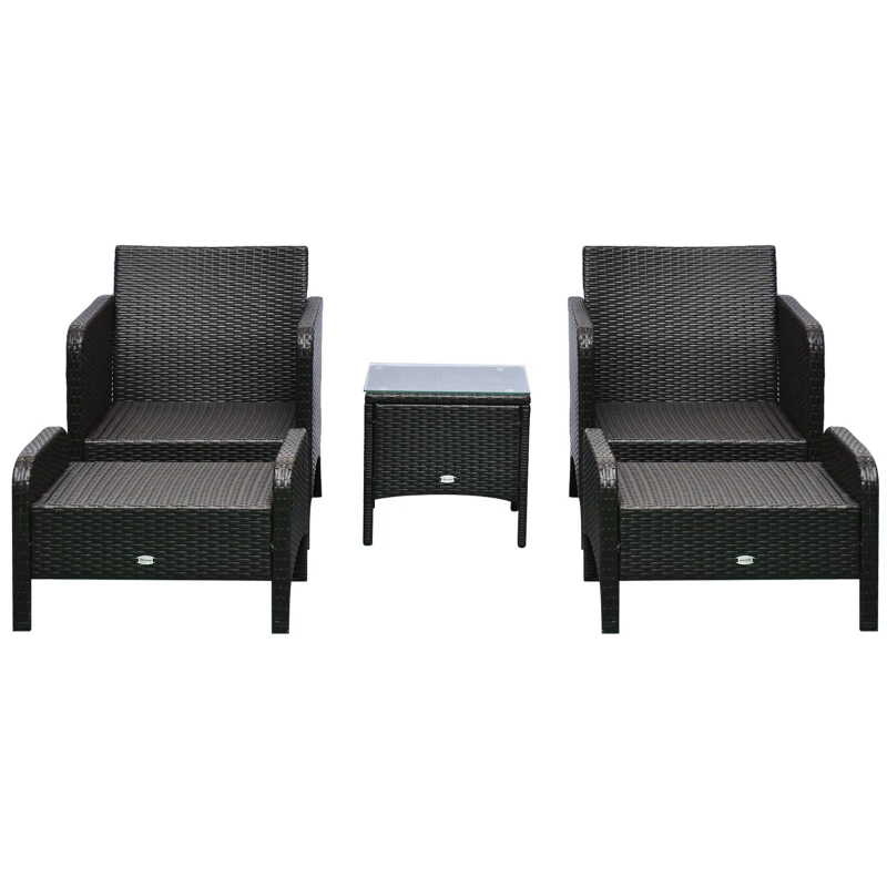 Outsunny 5 Pieces Rattan Wicker Lounge Chair Outdoor Patio Conversation Set with 2 Cushioned Chairs, 2 Ottomans and Tempered Glass Top Coffee Table, Brown/Blue