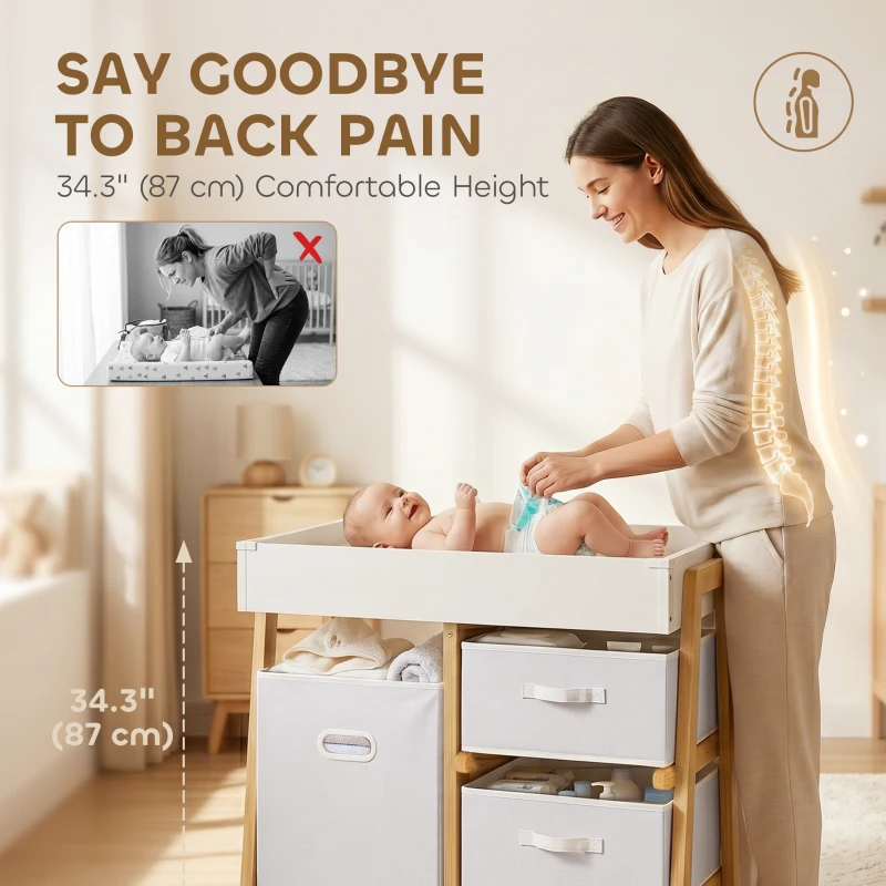 Qaba Baby Changing Table, Diaper Changing Station with Waterproof Pad, 3 Drawers and Large Basket for Newborn & Infant, White