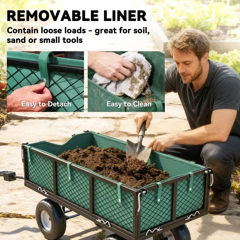 Outsunny Steel Garden Cart, Utility Wagon Cart with Removable Liner, Quick-Release Sides, 10" Wheels, 660lbs Capacity, Green