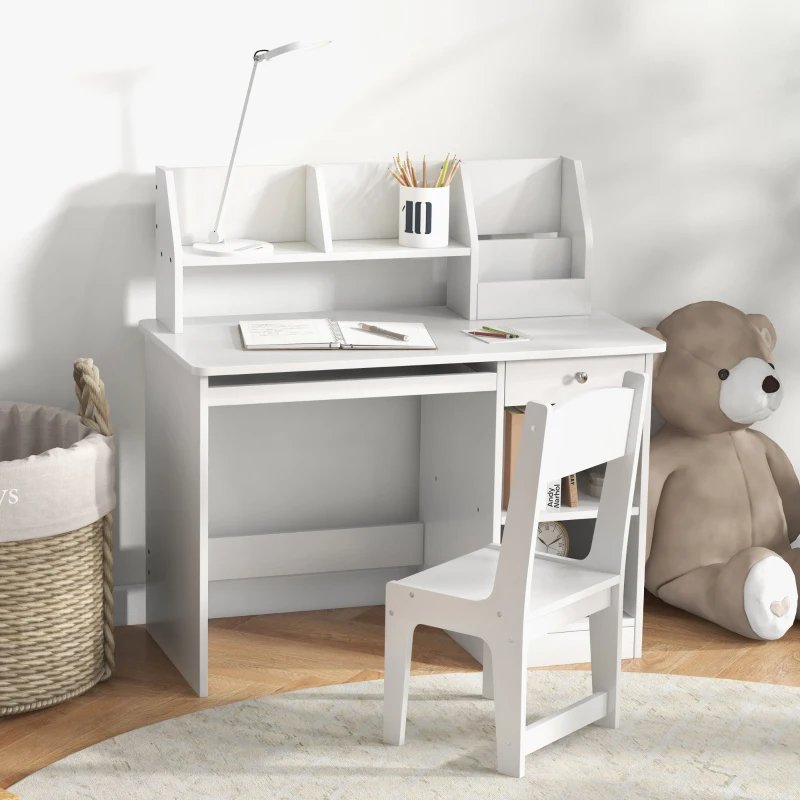 Qaba Kids Desk and Chair Set for 5-8 Year Old with Storage, Study Table and Chair for Children, White