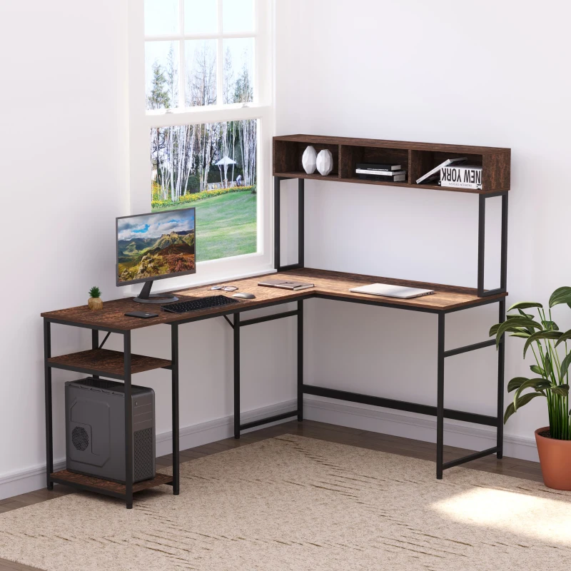 HOMCOM L-Shaped Home Office Desk with Bottom Tower Shelf, 3 Cube Shelves, Computer Writing Desk with Metal Frame, Walnut Brown