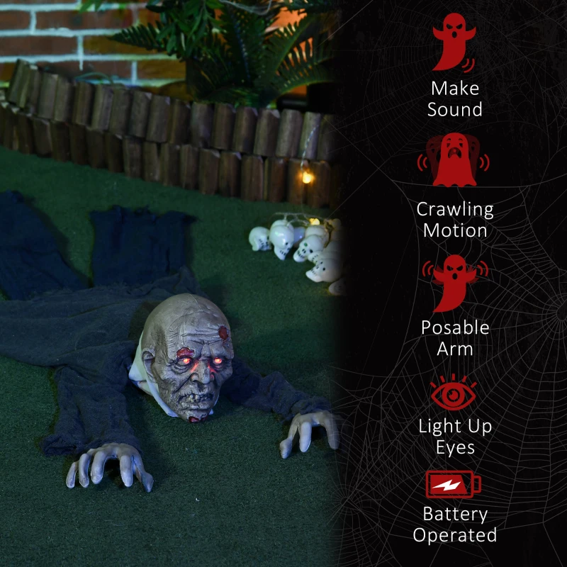 HOMCOM62 Inch/5.2ft Life Size Outdoor Halloween Decoration Crawling Zombie, Animated Prop Decor with Sound and Motion Activated, Light Up Eyes, Creepy Sound