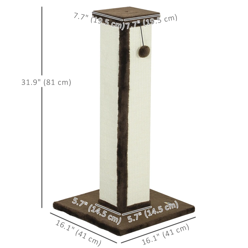 PawHut 32" Tall Cat Scratching Post for Indoor Cats and Kittens, Sisal Cat Scratcher with Hanging Ball Soft Plush, Brown