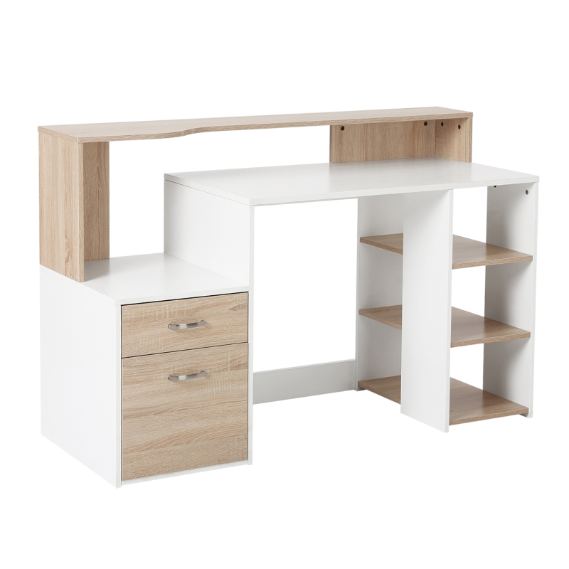 HOMCOM 54 Inches Computer Desk with Storage Shelves, Drawers and Printer Shelf, Writing Table for Home Office and Study, Oak