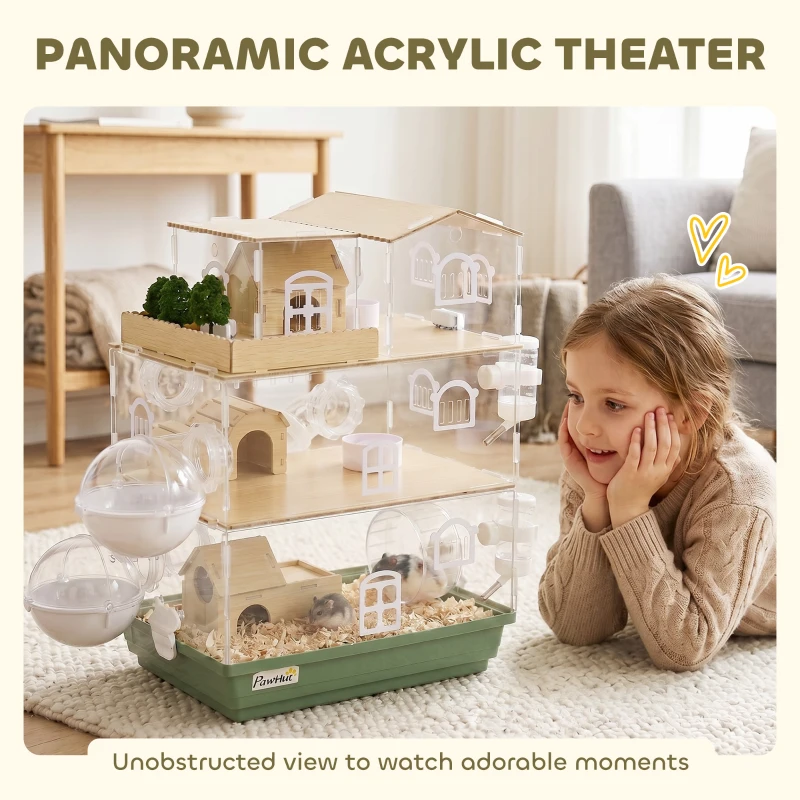 PawHut Large Hamster Cage, 3 Tiers Acrylic Hamster Habitat with Water Bottles, Running Wheel for Pet Mice, Dwarf Hamster