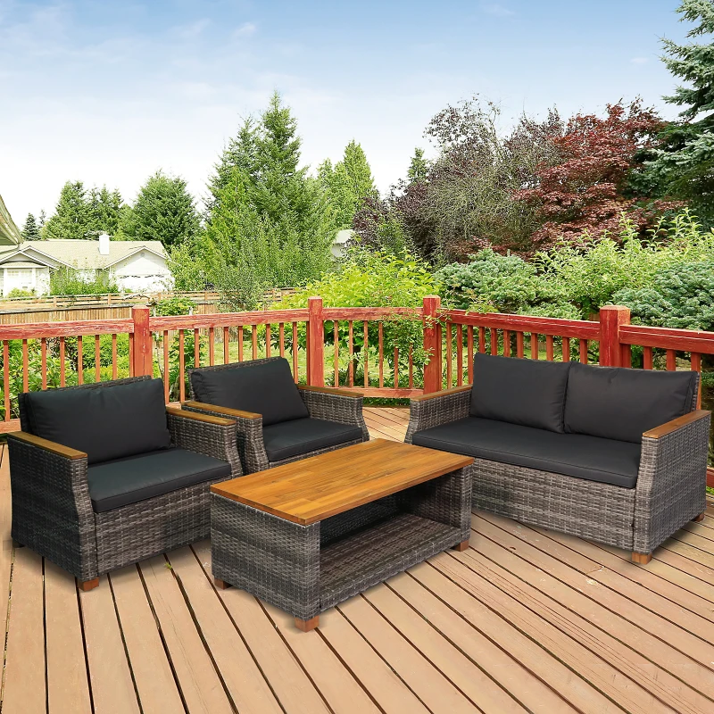 Outsunny 4 Piece Patio PE Rattan Wicker Sofa Set with Acacia Wood Coffee Table, 2 Comfort Single Chairs & 2 Person Couch