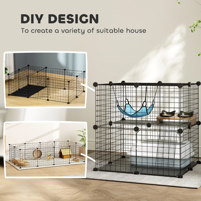 PawHut 2 Tier Cat Cage Crate, DIY Pet Playpen with 2 Doors, Ladder, Hammock, Perch, Indoor Playpen for Kittens, Black