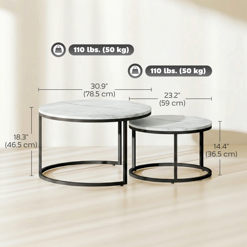 HOMCOM Modern Coffee Table Set of 2, Nesting Side Tables w/ Metal Base for Living Room Bedroom Office Marble White