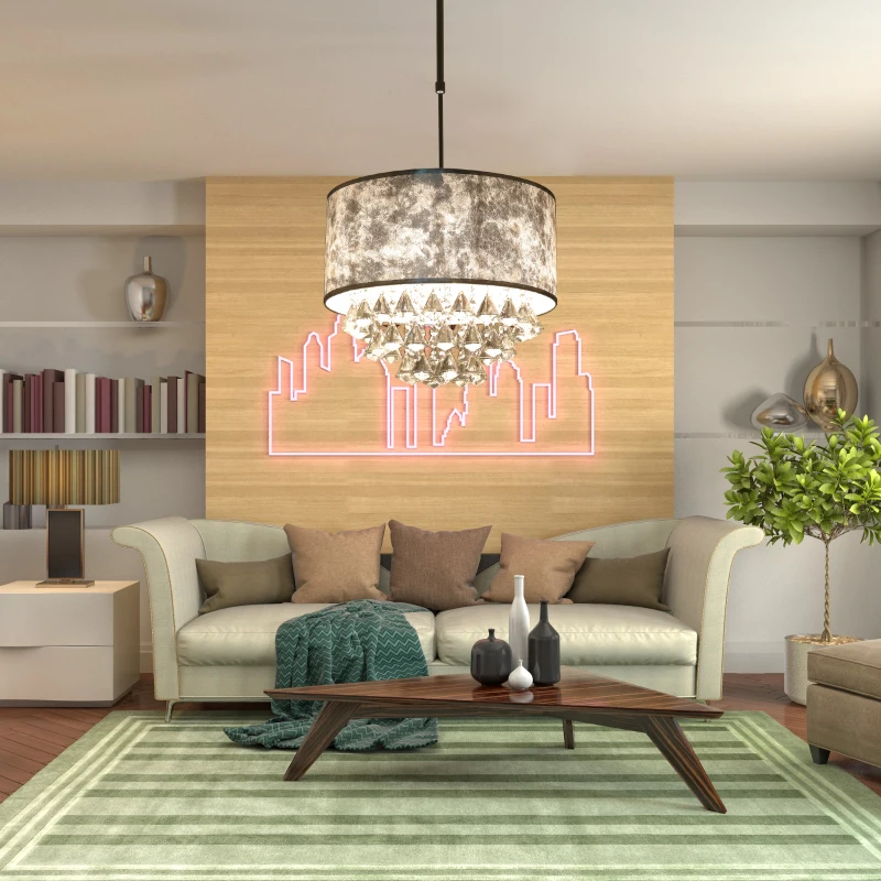 HOMCOM Modern Crystal Chandelier Light with Adjustable Hanging Pole, Ceiling-Connecting Metal Round Base, Grey