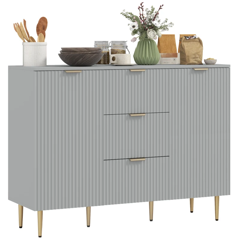 HOMCOM Modern Kitchen Storage Cabinet, Sideboard Buffet Cabinet w/ 3 Drawers and Adjustable Shelves for Kitchen Hallway, Grey