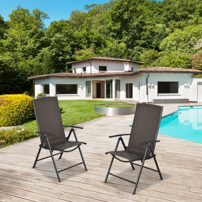 Outsunny Set of 2 Rattan Wicker Patio Dining Chairs with  Backrest Adjustable and Folding Design, Outdoor Recliner Set for Garden, Backyard, Lawn, Balcony, Mixed Gray
