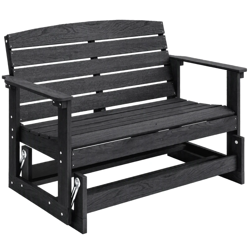 Outsunny Patio Glider Bench w/ HDPE Slatted Double Rocking Chair, Distressed Black