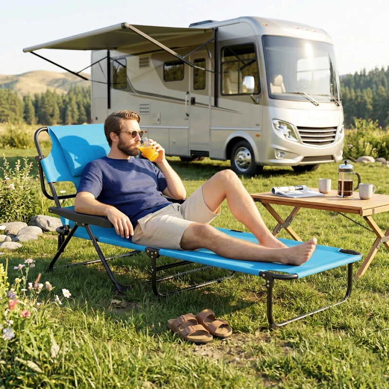 Outsunny Folding Lounge Chair w/ Reclining Back, Light Blue