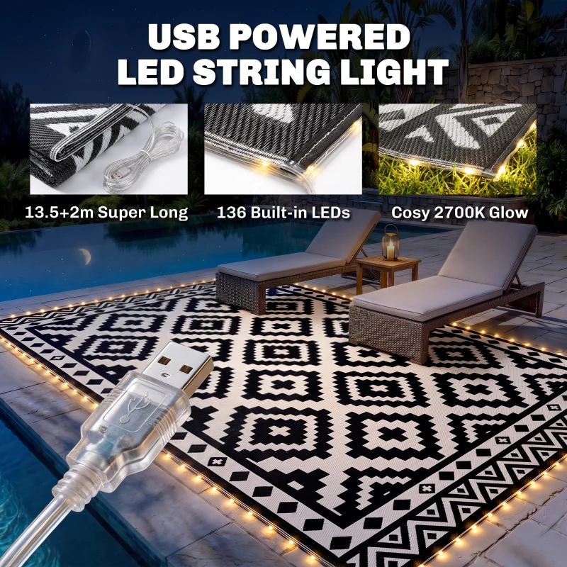 Outsunny Outdoor Rug Carpet Reversible Plastic Straw Rug with LED Lights 12' x 9'