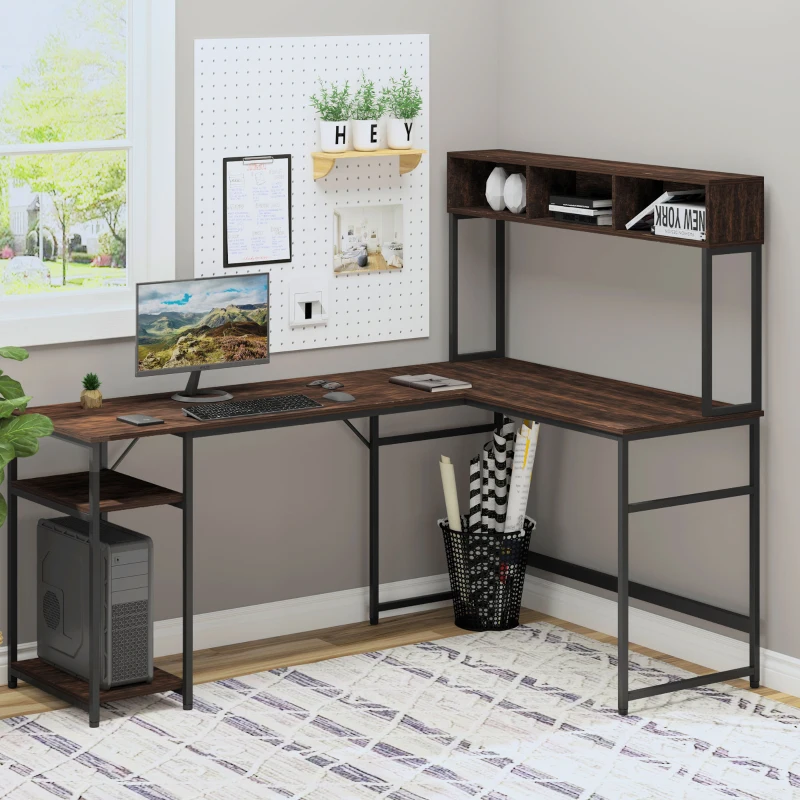 HOMCOM L-Shaped Home Office Desk with Bottom Tower Shelf, 3 Cube Shelves, Computer Writing Desk with Metal Frame, Walnut Brown