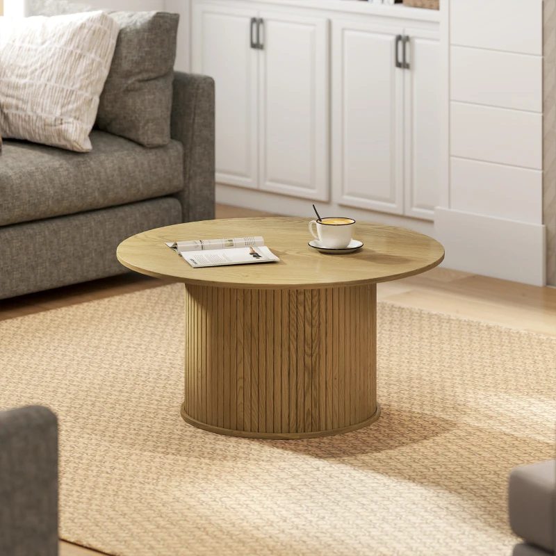 HOMCOM 31.5" Round Coffee Table, Nordic Style Center Table with Fluted Cylindrical Base for Living Room, Oak