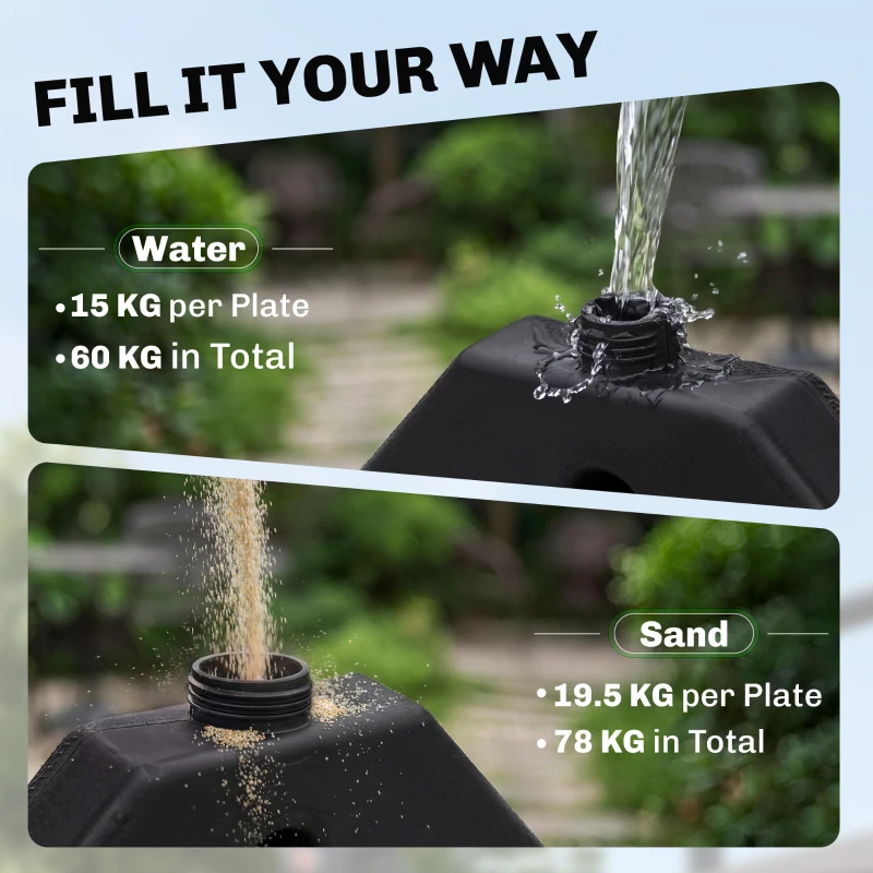Outsunny 4 Piece Umbrella Base Stand w/ U Locking, 132 lb Capacity Water or 172 lb Capacity Sand, Black
