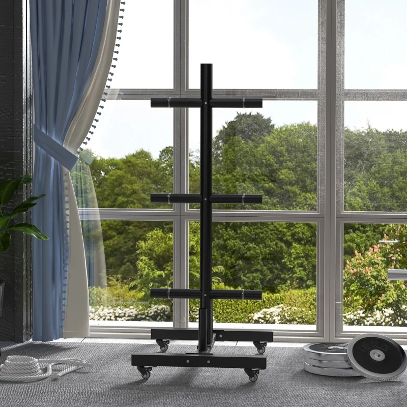 Soozier 2 Inch Weight Plate Rack, Plate Rack Holder For Olympic Weight Plates and Bars, with 4 Transport Wheels and 6 Fasten Clamps, 440 lbs. Capacity, Black