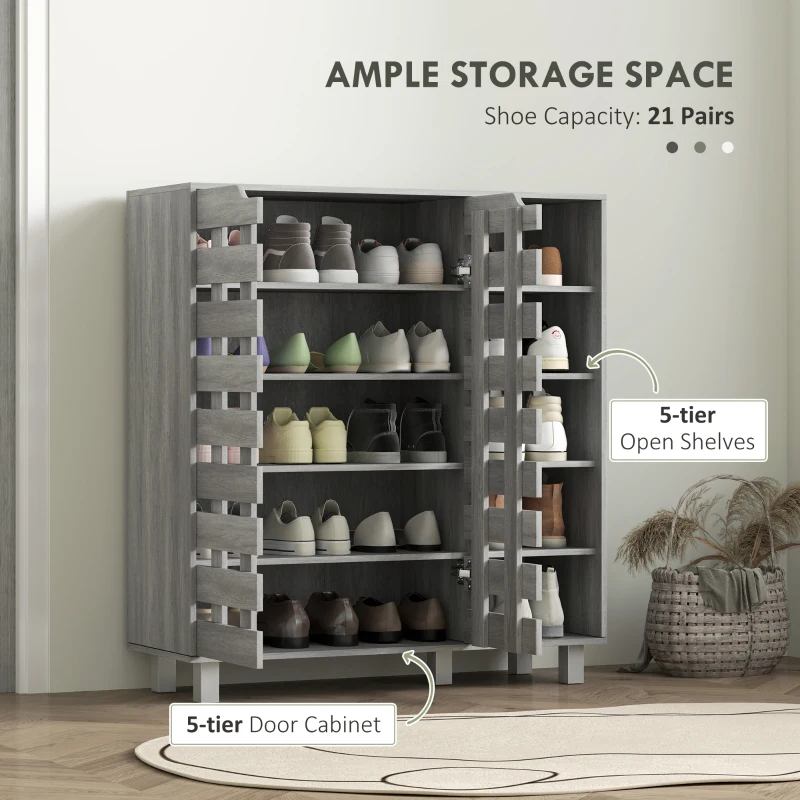 HOMCOM Shoe Cabinet, 21 Pair Shoe Storage Cabinet Organizer with 5-tier Double Door Cabinet and 5-tier Open Shelves, Light Grey