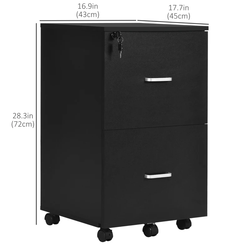 Vinsetto 2 Drawer File Cabinet with Lock, Small Rolling Filing Cabinet for A4, Letter-Size Documents, Printer Stand for Home Office, 17" x 17.75" x 28.25", Black