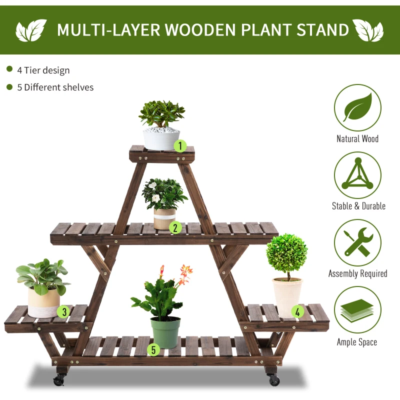 Outsunny Outdoor Plant Stand w/ Wheels and Brakes, Mobile Wood Plant Shelf Flower Stand for Garden Balcony Backyard Corner Living Room, Brown