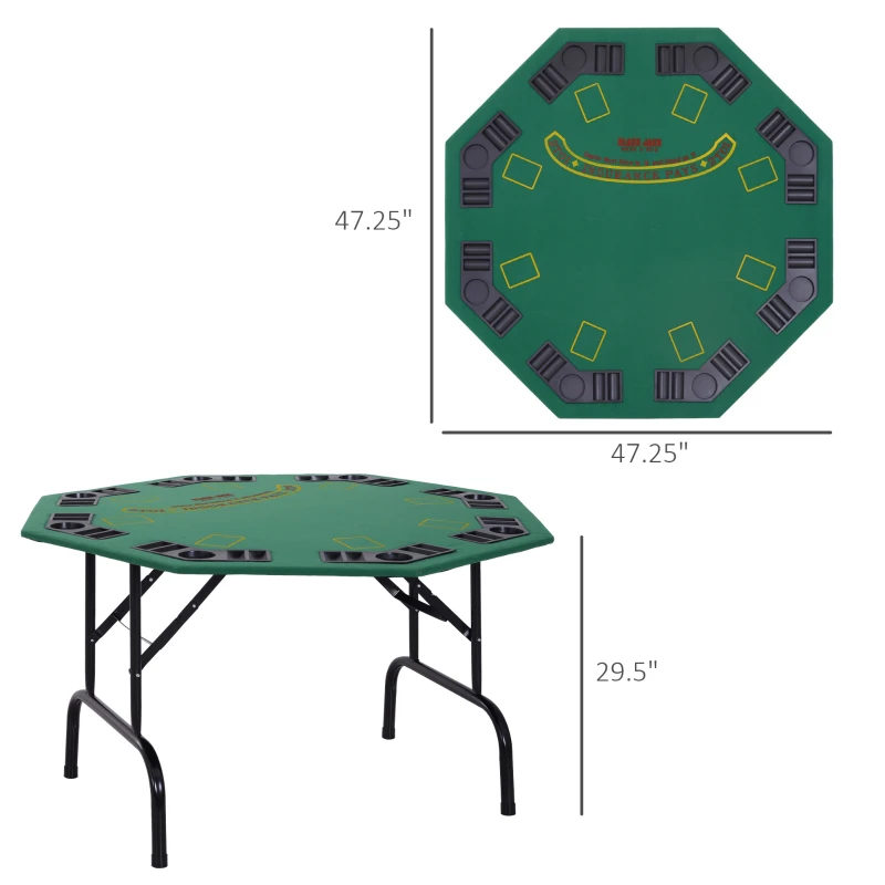 Soozier Poker Table Foldable, 47" Octagon Blackjack Poker Game Table for 8 Players with Cup Holders and Chips Tray, Green Felt