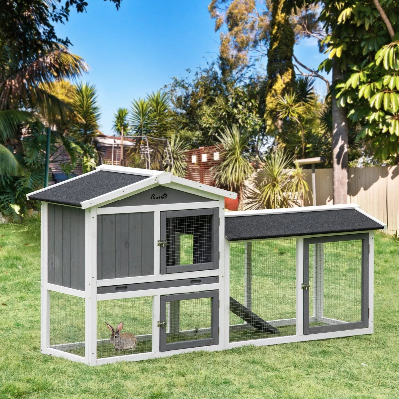 PawHut Wooden Rabbit Hutch with Run, Tray, Ramp for 1-3 Rabbits, Guinea Pigs, White