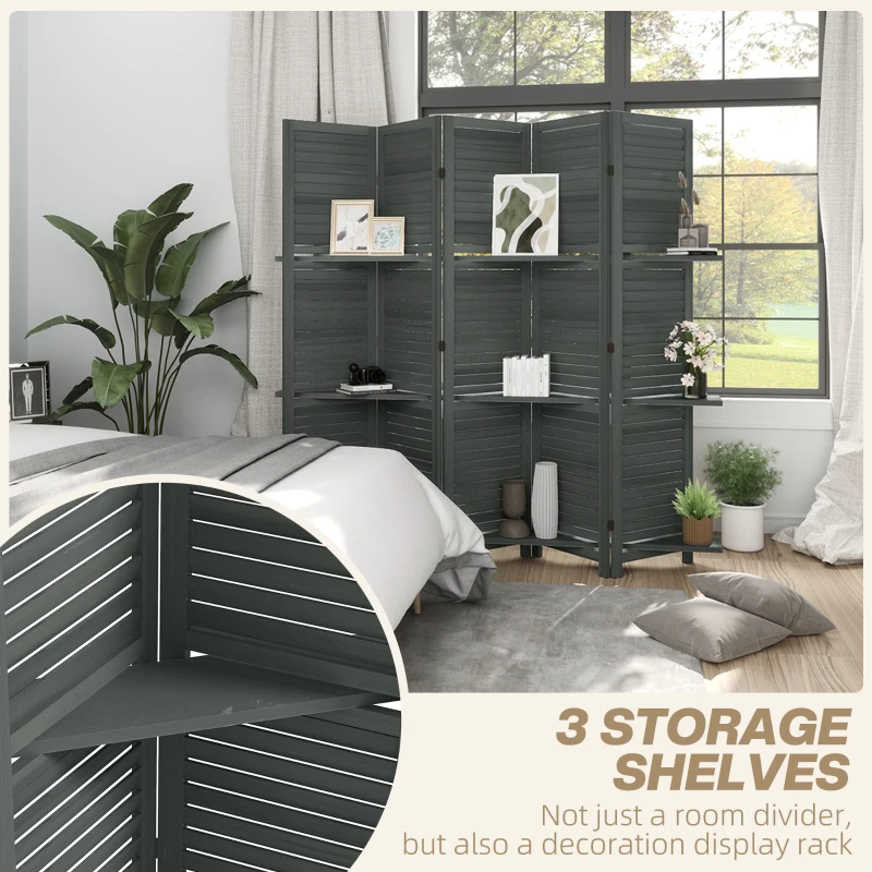 HOMCOM 5 Panel 67" Tall Wood Privacy Screen Room Divider with 3 Shelves and Folding Storage for Bedroom, Gray