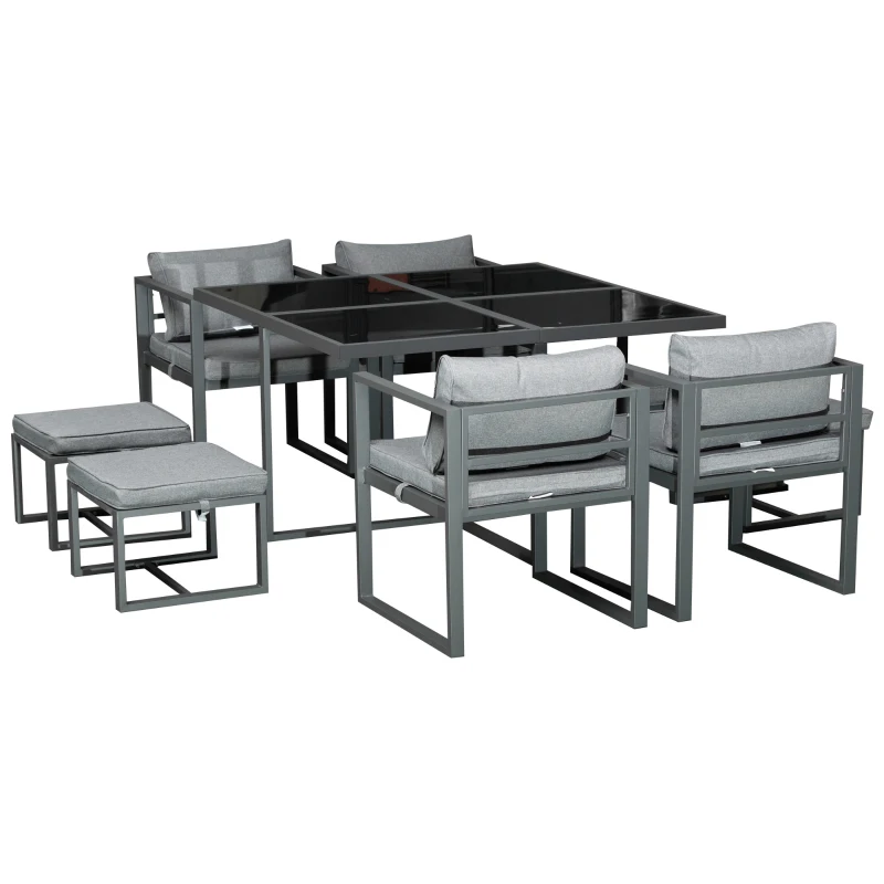 Outsunny 9 Piece Outdoor Patio Dining Set Furniture Set with 4 Chairs, 4 Ottomans, & Glass Table with Cushions & Aluminum Frame