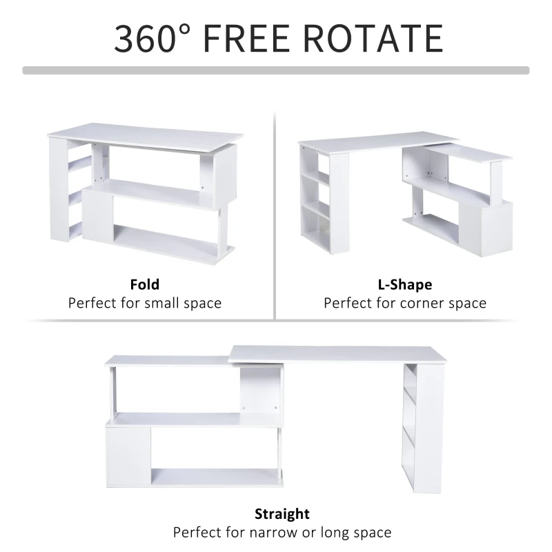 HOMCOM 47" L Shaped Desk, 360° Rotating Corner Desk, Reversible Computer Writing Table Workstation with Storage Shelf for Home Office, White