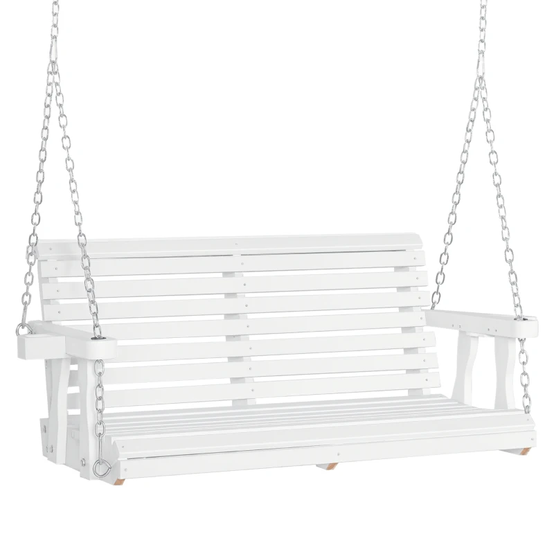 Outsunny 2 Seater Porch Swing Wooden Patio Swing Chair Seat with Cup Holder and Chains Outdoor Swing Bench for Garden Yard, White