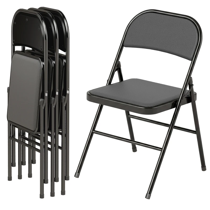 HOMCOM Set of 4 Metal Foldable Chairs, PU Leather Padded Folding Chairs with Cushion Seat and Open Back for Indoor, Black