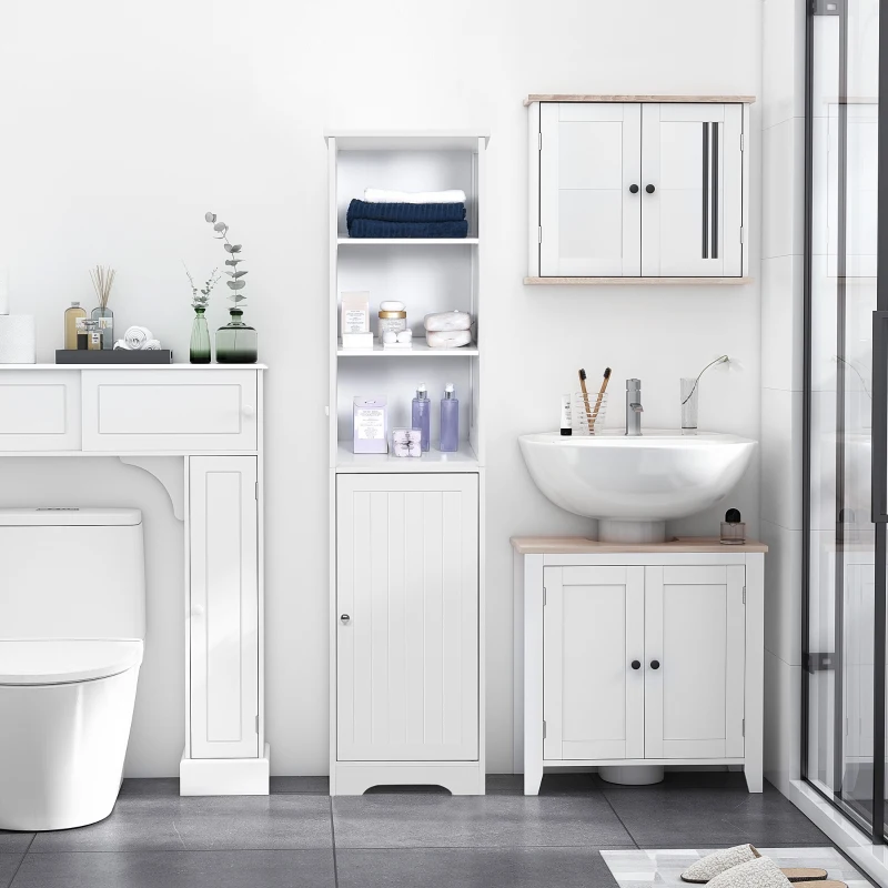 kleankin Tall Bathroom Storage Cabinet, Freestanding Tower Cabinet with Adjustable Shelf, 3 Open Shelves, White