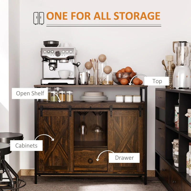 HOMCOM Industrial Sideboard Buffet Cabinet with Sliding Barn Doors, Coffee Bar Cabinet with Stemware Racks, Drawer and Adjustable Shelves for Kitchen, Rustic Brown