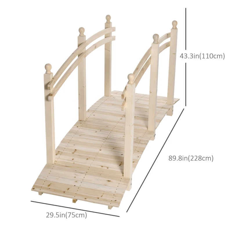 Outsunny 7.5' Fir Wood Garden Bridge Arc Walkway with Side Railings, for Backyards, Gardens, & Streams, Natural