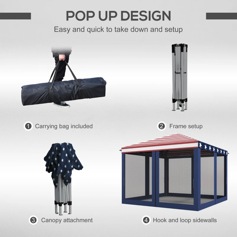 Outsunny 10' x 10' Outdoor Pop-Up Canopy with Sidewalls, Mesh Walls, Instant Setup for Party, Events, Patio, Lawn, American Flag