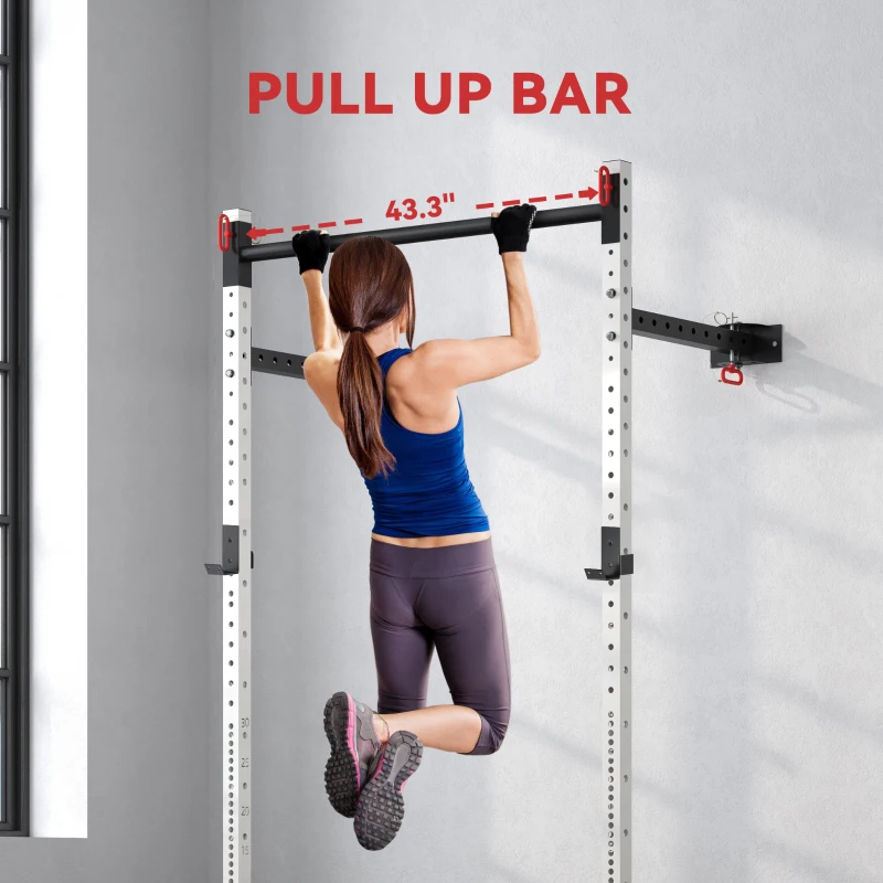 Soozier Folding Squat Rack with Pull Up Bar, Wall Mounted and Adjustable, 1000 Pounds Capacity Power Rack, White