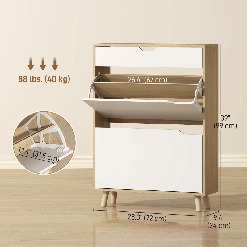 HOMCOM Narrow Shoe Cabinet for Entryway with 2 Flip Drawers, Top Drawer and Adjustable Shelves for 12 Pairs of Shoes, White