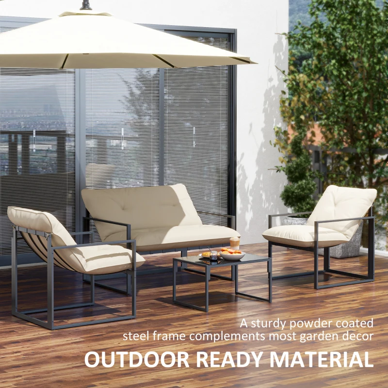 Outsunny 4 Piece Outdoor Furniture Set, Patio Conversation Set with Tempered Glass Table, Loveseat, 2 Chairs and Cushions, Beige