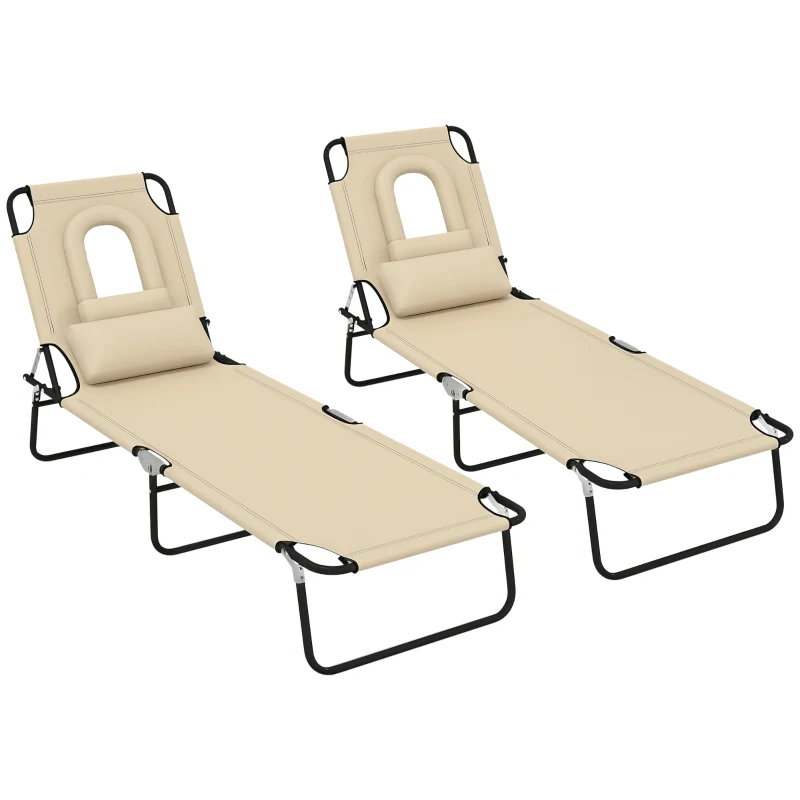 Outsunny Folding Lounge Chair Set of 2, Reclining Beach Tanning Chair with Face Hole, Pillow, 4-Position Adjustable Flat Sun Lounger, Steel Frame for Outdoor Patio Pool, Beige