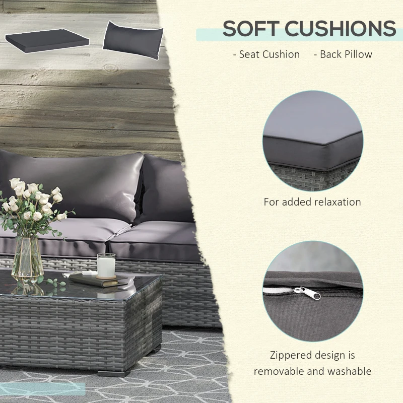Outsunny Patio Furniture Set, 8 Pieces, Sectional Sofa, All Weather PE Rattan Conversation Set, Tempered Glass Table, 6 Seats, Ottoman Footstool, Cushions for Lawn, Backyard, Gray