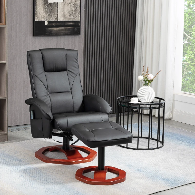 HOMCOM Massage Recliner Chair with Ottoman, Electric Faux Leather Recliner with 10 Vibration Points, Swivel Reclining Chair with Remote Control, Wood Base and Side Pocket, Black
