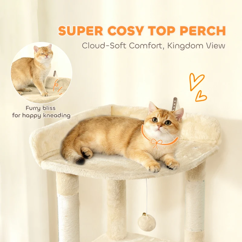 PawHut 67" Large Cat Tree with 7 Scratching Posts, Tunnel, 2 Condos, Hammock, Perch, Ramp, Pompoms, Beige