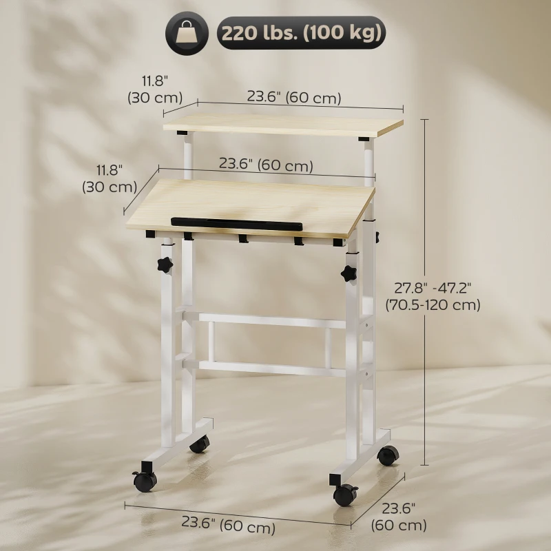 HOMCOM Stand Up Desk, Height & Angle Adjustable Computer Desk with Wheels for Standing or Sitting, Laptop Table, Natural