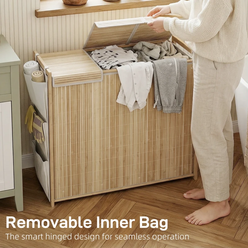 HOMCOM Bamboo Laundry Hamper with Removable Drawstring Bag and Side Storage Pockets, 47 Gal, Natural