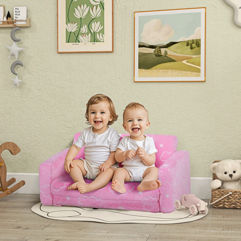Qaba Couch with Glow in the Dark Cloud Pattern, Washable Cover, Pink