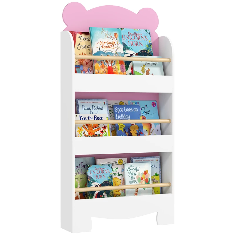 Qaba 3-Tier Bear Theme Kids Bookshelf with Anti-tipping Device for Living Room, Kids Room, Playroom, Pink